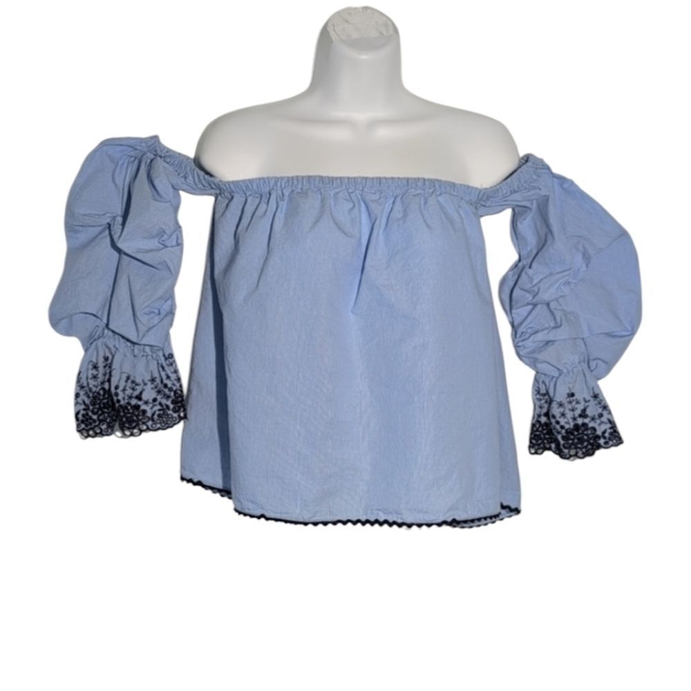 Zara Light Blue Off-Shoulder Blouse with Black Lace